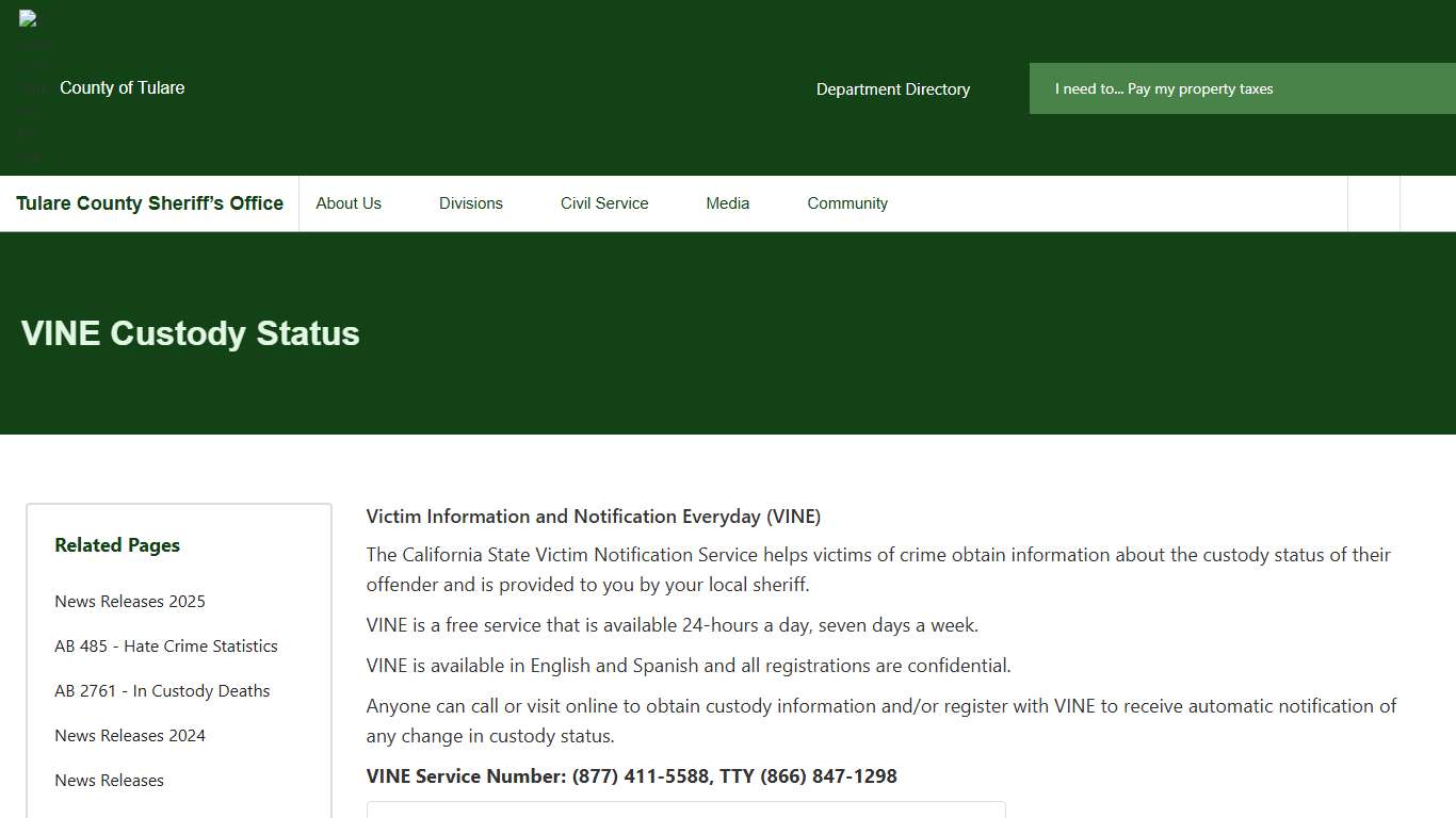 VINE Custody Status Tulare