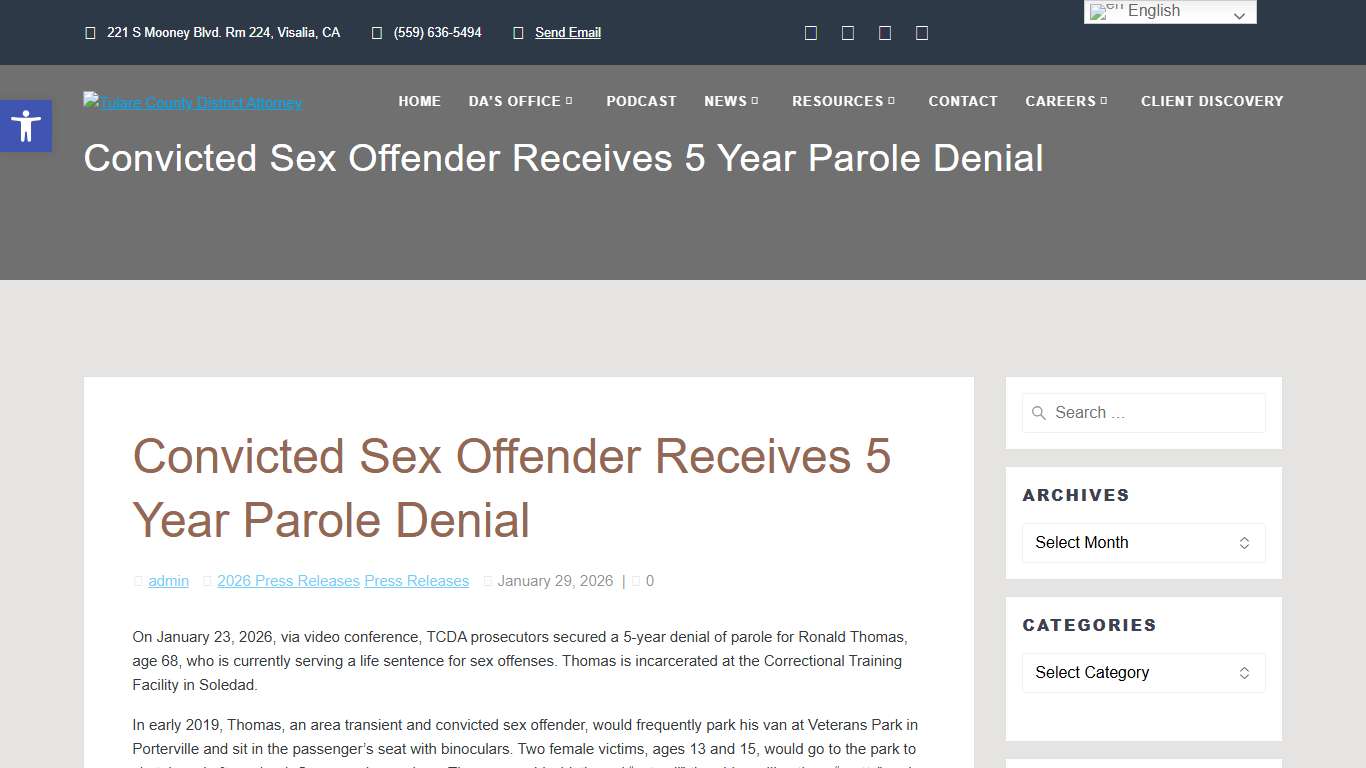 Convicted Sex Offender Receives 5 Year Parole Denial – Tulare County District Attorney